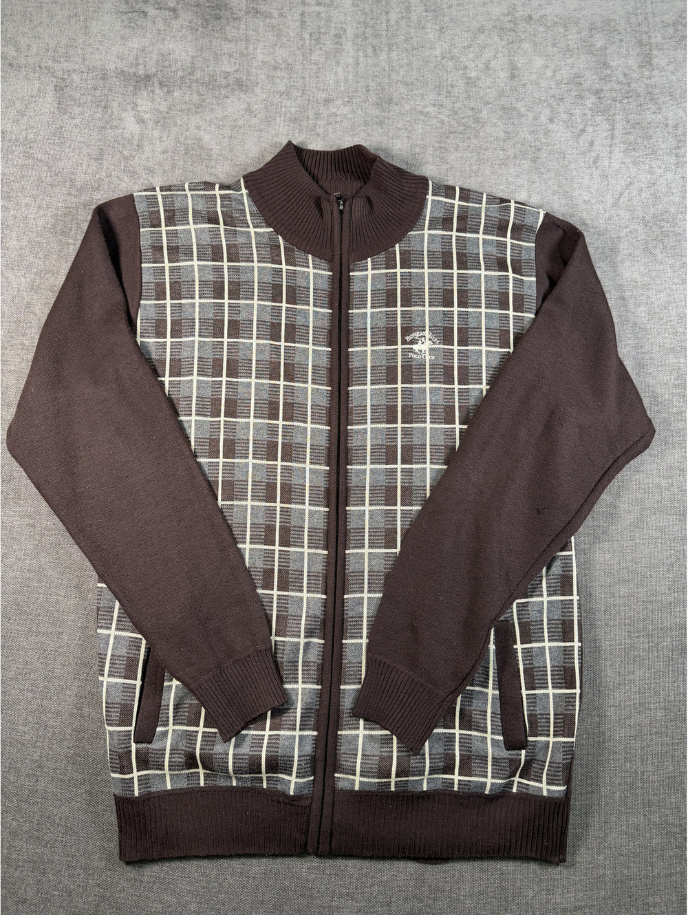 Beverly Hills Polo Club Brown Full-Zip Sweater with Checkered Front Panel, Large